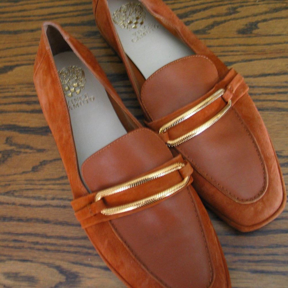 Women's Tan Suede & Leather Loafers with Gold Accent
